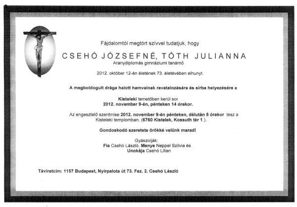 In memoriam Csehó Józsefné